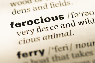 Close up of old English dictionary page with word ferocious