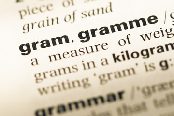 Obraz premium Close up of old English dictionary page with word gram