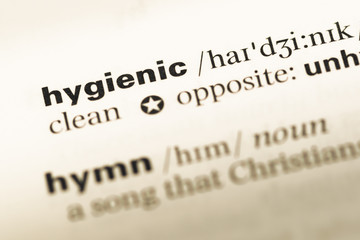 Close up of old English dictionary page with word hygienic