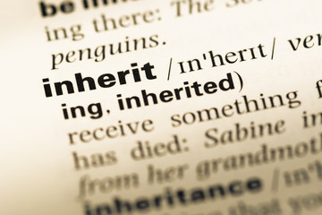 Close up of old English dictionary page with word inherit