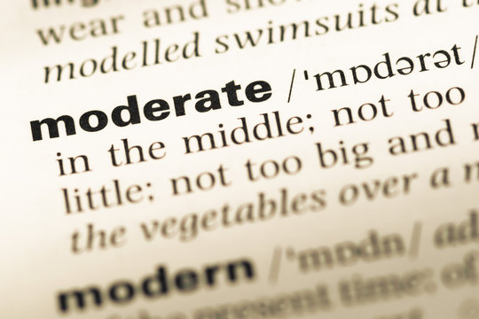 Close up of old English dictionary page with word moderate