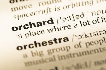 Obraz premium Close up of old English dictionary page with word orchard