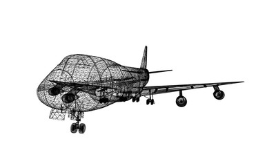 3d wireframe of  passenger airplane isolate on white ,3d rendering
