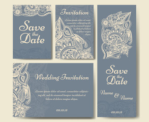 Set of wedding invitations. Wedding cards template with individual concept. Design for invitation, thank you card, save the date card.