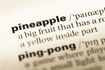 Close up of old English dictionary page with word pineapple