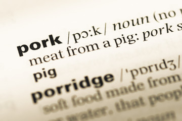 Close up of old English dictionary page with word pork