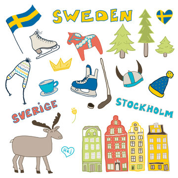 Set of hand drawn doodle icons of Sweden. Vector illustration