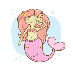 Card with cute cartoon mermaid and  sea shell. Fairy-tale characters.  Children's illustration. Vector image.
