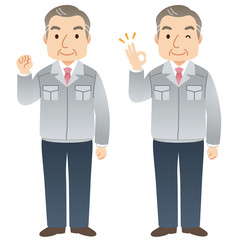 作業着の中年男性　社長　表情ポーズ