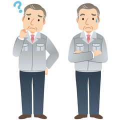 作業着の中年男性　社長　表情ポーズ