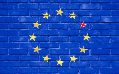 brexit blue european union EU flag on brick wall and one star with great britain flag