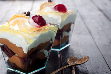 dessert with cream in a glass