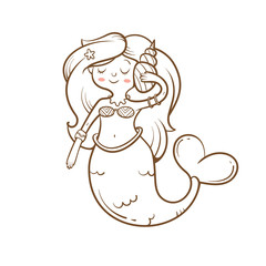 Card with cute cartoon mermaid and  sea shell. Fairy-tale characters.  Children's illustration. Vector image. Transparent background. Contour image.