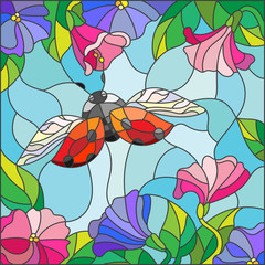 Illustration in stained glass style with bright ladybug against the sky, foliage and flowers