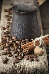 Coffee beans with spices and cezve