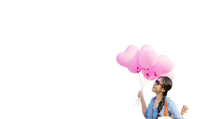 Isolated Asian women wearing sunglass hold group of pink heart s