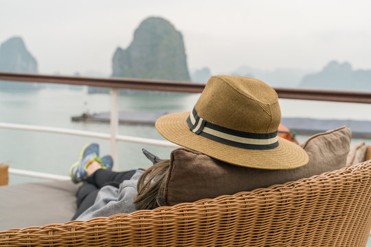 Relax Concept : Halong Bay cruise with morning day with couldy f