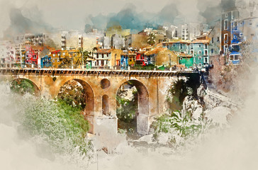 Digital watercolor painting of Villajoyosa town. Spain © Alex Tihonov