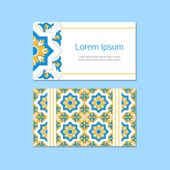 Ornamental  print design business card template vector. Tiles pattern and ornaments. Oriental design layout – Portuguese azulejo, morrocan, Islam, Arabic, ottoman motifs. Front and back page.