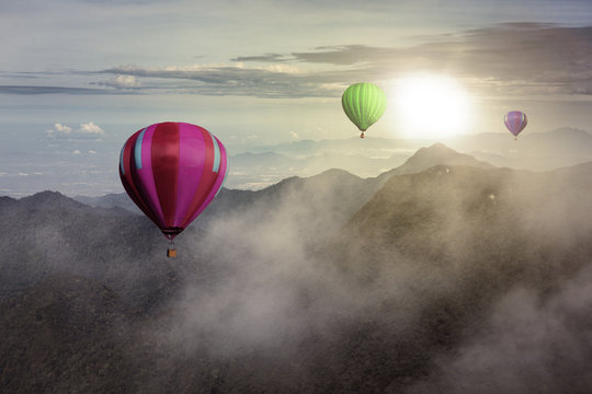 Colorful hot air balloon high in the sky