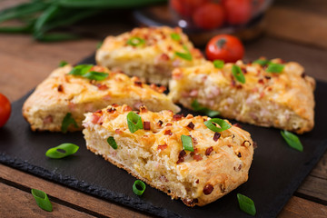 Soda scones (bread)  with ham, cheese and chives. English cuisine.