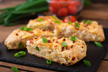 Soda scones (bread)  with ham, cheese and chives. English cuisine.