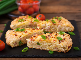 Soda scones (bread)  with ham, cheese and chives. English cuisine.