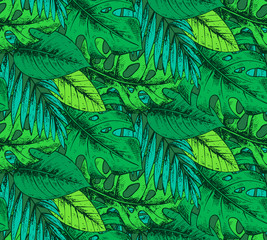 Seamless pattern with hand drawn tropical plants