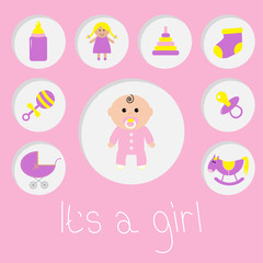  Its a girl.  Baby girl shower card. Bottle, horse, rattle, pacifier, sock, doll, baby carriage pyramid toy. Pink background Flat design.