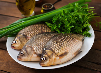 Three fresh raw crucian on a wooden background with herbs