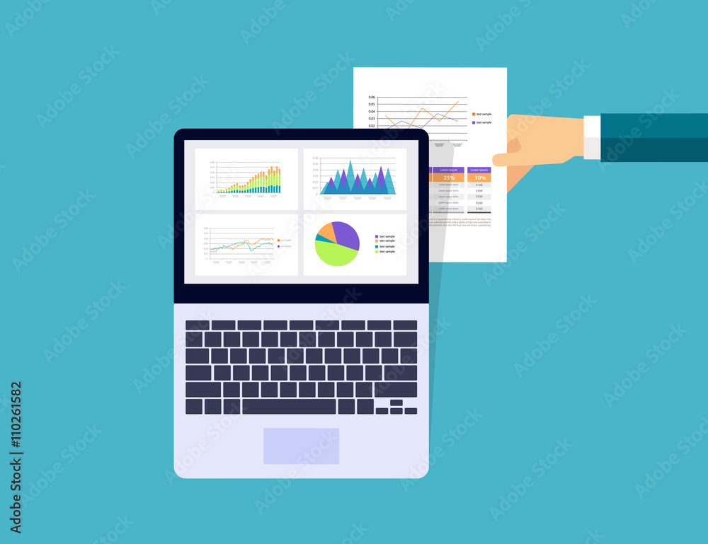 Poster business analytic graph in device with report paper concept .business planning and business investme