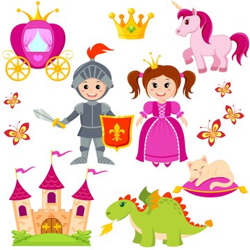 Fairytale princess, knight, castle, carriage, unicorn, crown, dragon, cat and butterfly