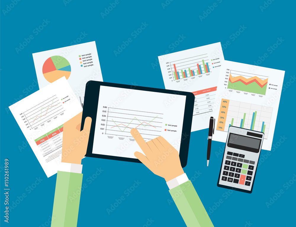 Aufkleber business hand touch on analytic graph in device with report paper concept .business planning and bus