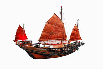 Sailboat red flag in Hong Kong on white background with clipping