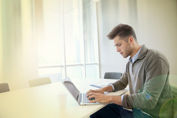 Businessman using laptop in contemporary working room