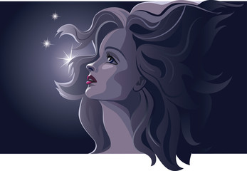 Beautiful romantic woman by night. Blonde, beautiful, profile. Dark blue colors. Vector illustration