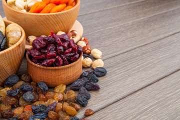 Dried fruits in wooden bowl