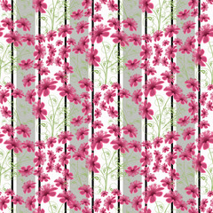 Floral seamless pattern in retro style, cute cartoon pink  flowers white s background striped