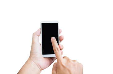 Isolated hand press on blank black screen of mobile phone on white background