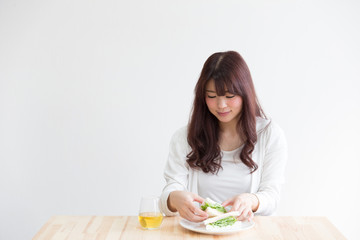 Obraz na płótnie Canvas サンドイッチを食べる女性(白バック)
