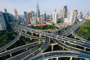 Aerial view of a highway overpass  in Shanghai -  China. - obrazy, fototapety, plakaty