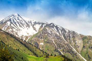 Beautiful mountain landscape. Snowy peaks, green fields and heav