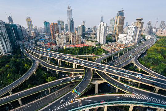 Aerial view of a highway overpass  in Shanghai -  China.