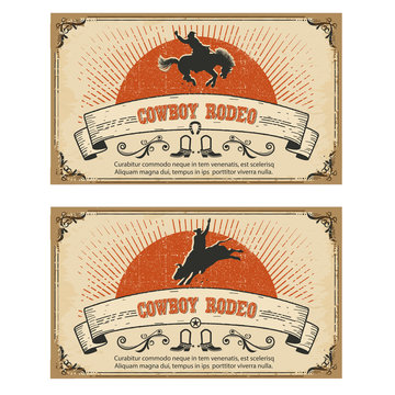 Cowboy wild horse rodeo.Vector cards isolated on white