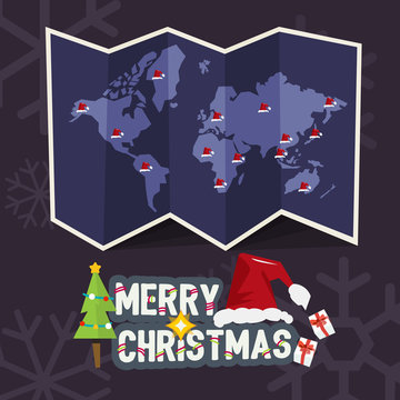 world map with point of santa clause hat come with merry christm