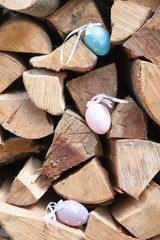Colorful Easter eggs on a wooden background