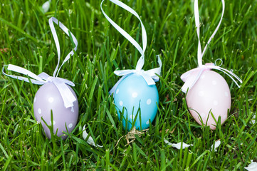 Colorful Easter eggs in the grass for the Easter egg hunt