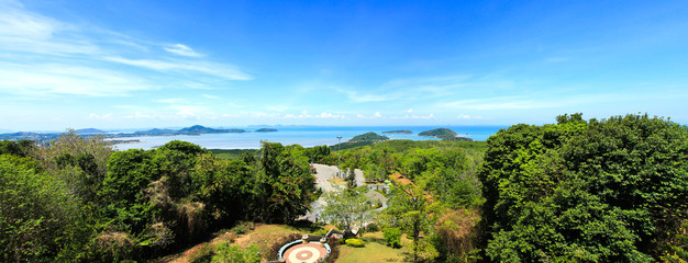 Fototapeta na wymiar Panorama High angle view sea sky and seaside tourist town of Ao