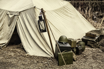 Reconstruction of life and subjects of second world war, military camp