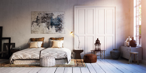 panorama view inside vintage loft bedroom apartment - blick in alte retro design loft wohnung © Christian Hillebrand